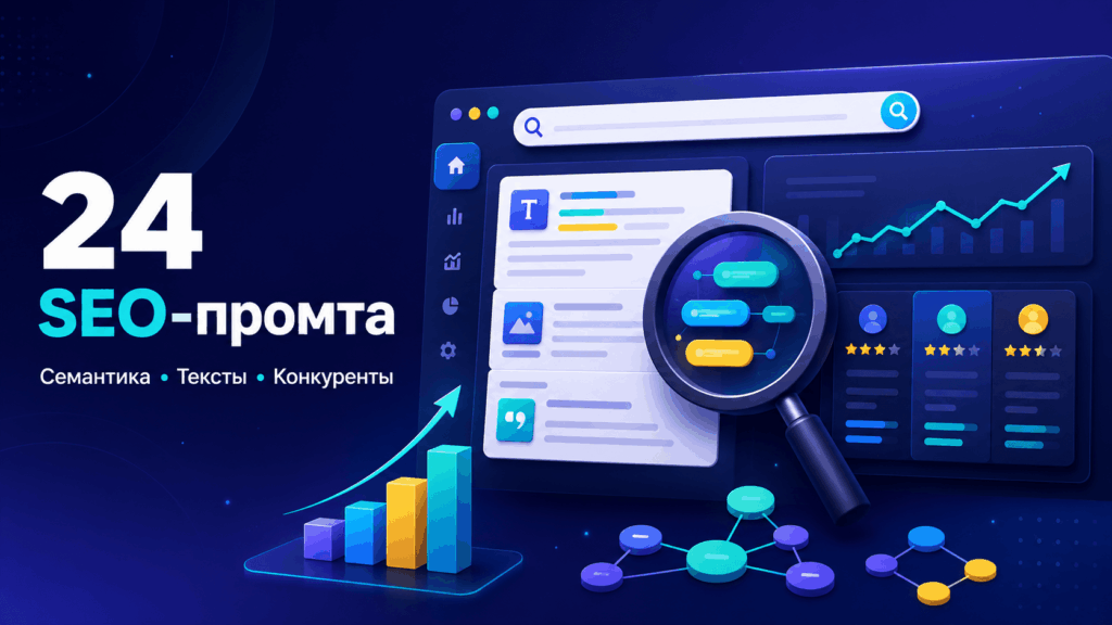 Подборка из 24 профессиональных SEO-промтов для семантики, анализа текста, конкурентов, мета-тегов, технического SEO и контент-стратегии.